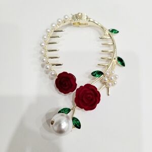 Brand New Gold Tone Red Rose Green Stone Hair Accessories